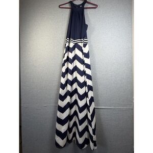 Feitong Dress Womens Medium Blue White Chevron Halter Maxi Sleeveless Sundress